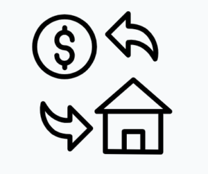 icon outline drawing of dollar sign above house with arrows cycling