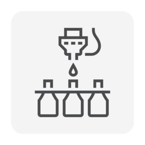 icon outline drawing of manufacturing process filling bottles