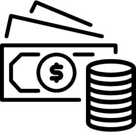 black and white line drawing of coins and currency